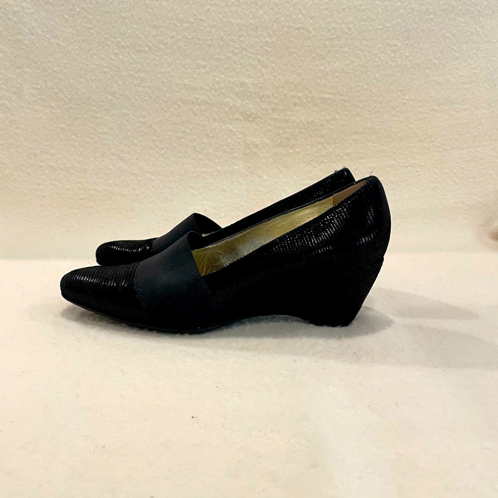 Ron White Black Leather Wedge Heels